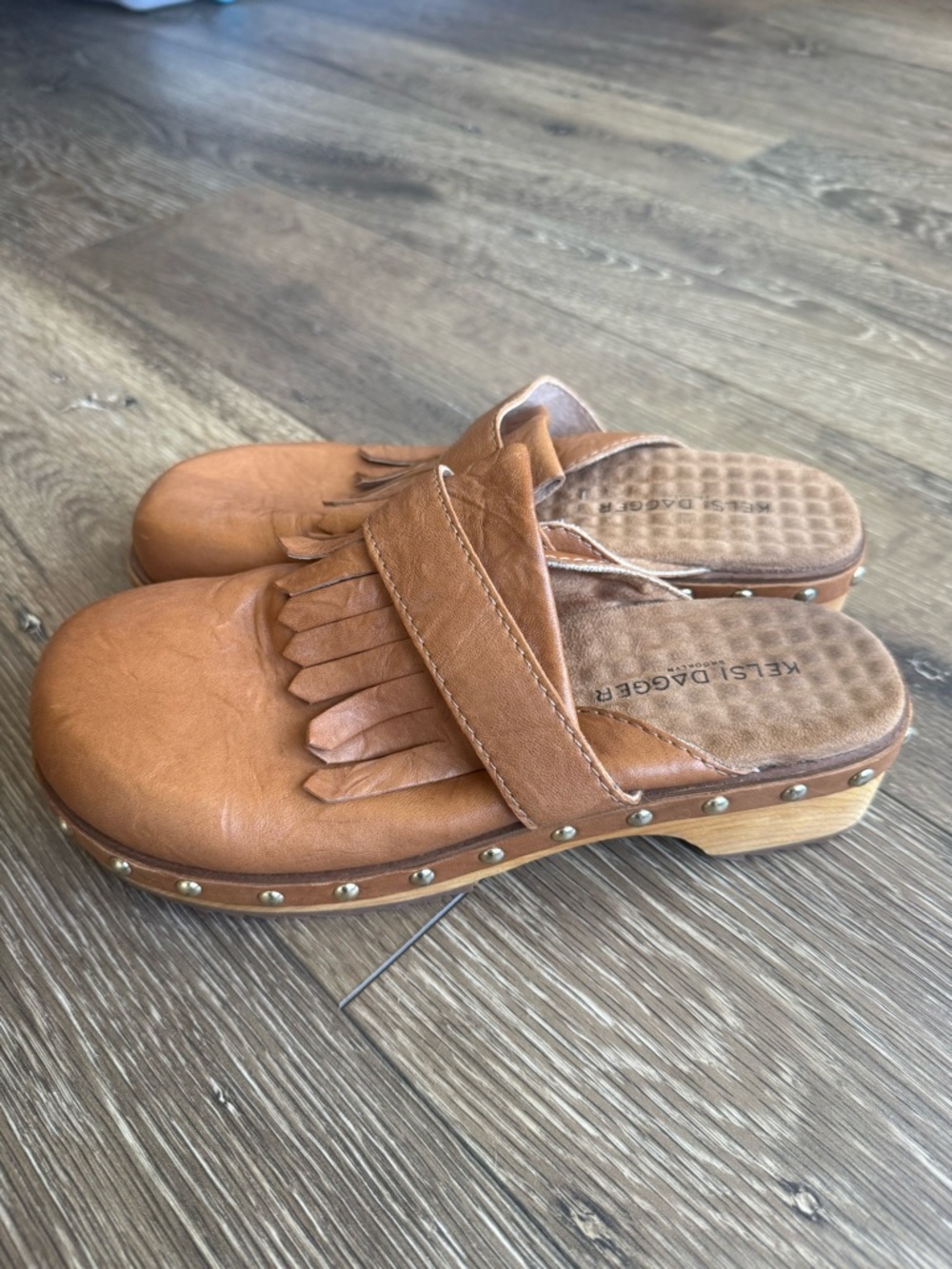 Kelsi Dagger Tan Leather Fringe Studded Clog Mule